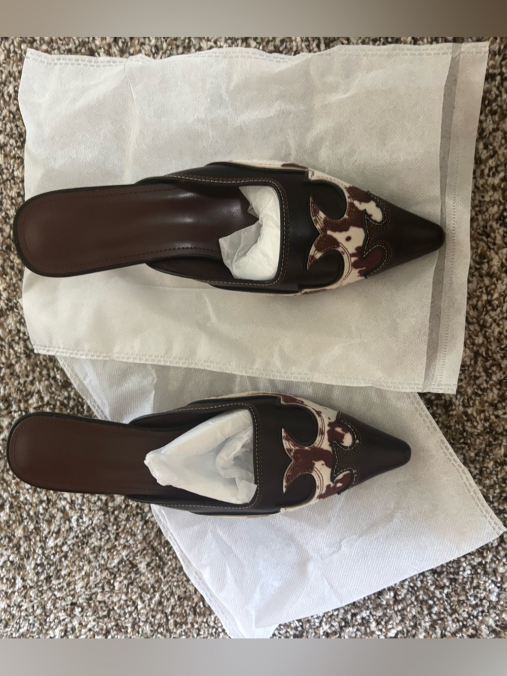 Women’s Pointed Toe Brown and White Slip-On Flats Cow Print Kitten Heels